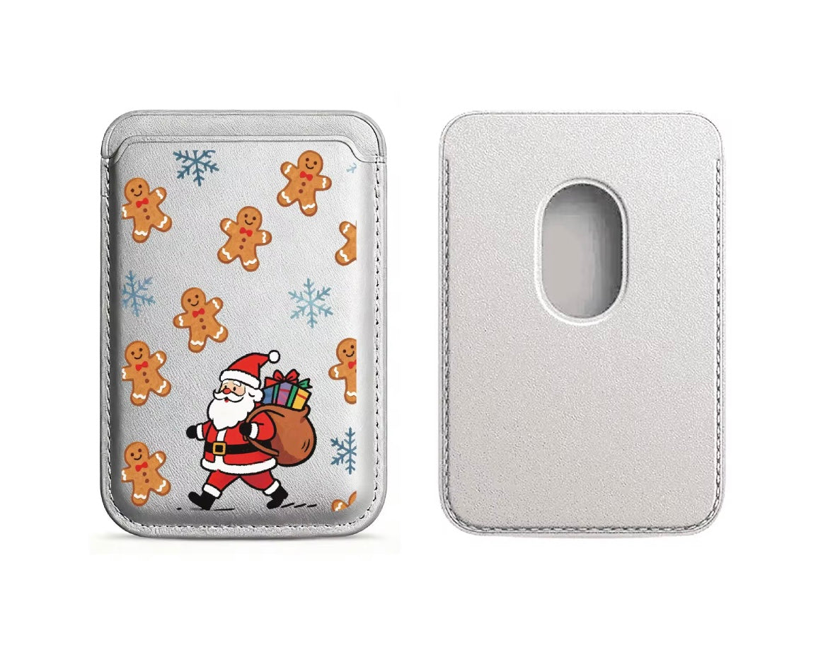 Christmas MagSafe Magnetic Card Wallet Holder – Santa Claus & Gingerbread Design | Slim PU Leather Wallet for iPhone