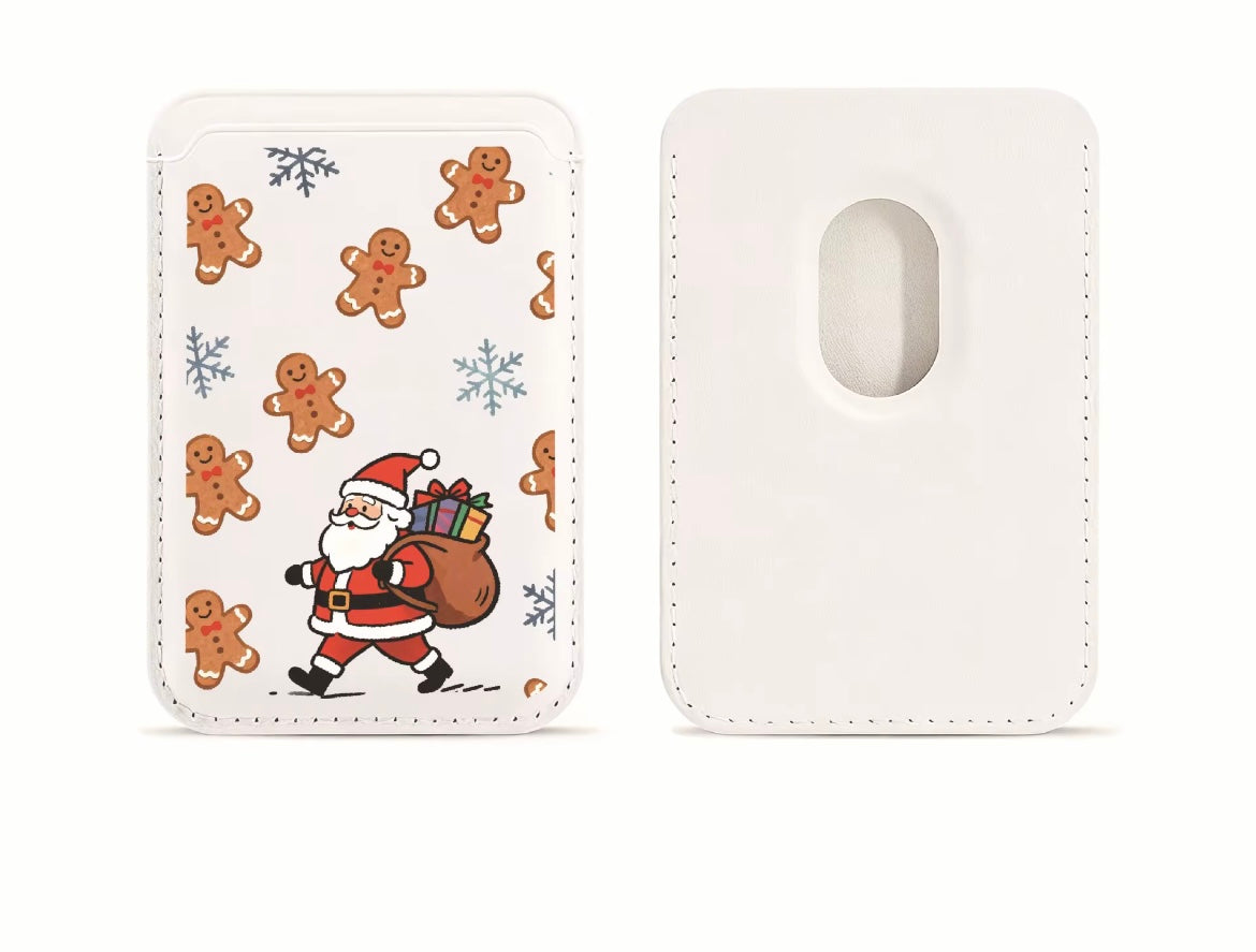 Christmas MagSafe Magnetic Card Wallet Holder – Santa Claus & Gingerbread Design | Slim PU Leather Wallet for iPhone