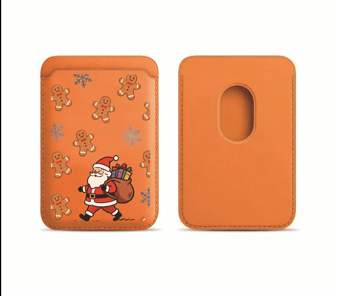 Christmas MagSafe Magnetic Card Wallet Holder – Santa Claus & Gingerbread Design | Slim PU Leather Wallet for iPhone